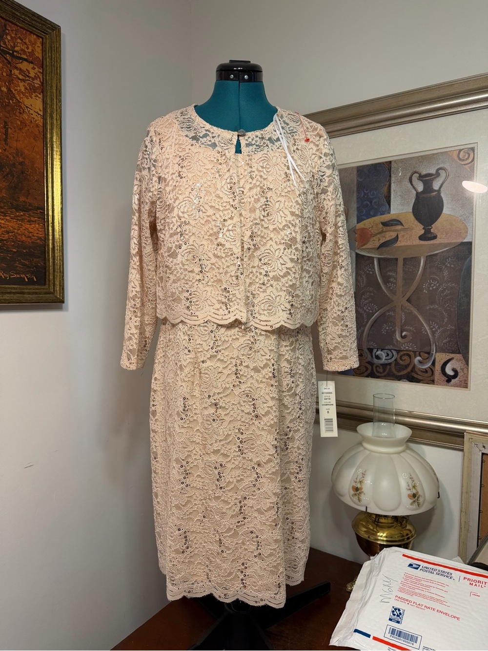 NEW Scarlett champagne sequin lace mock-jacket dress size 8